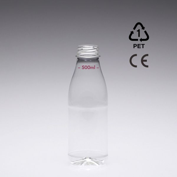 500 ml Saftflasche mit Eichstrich und CE Markierung rund r-PET 38mm 2-Start