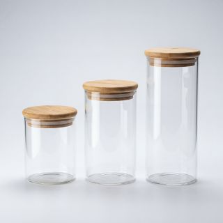 Set de 6 tarros de almacenamiento transparentes con tapas de bambú (capacidad por tarro aprox. 7 dl)